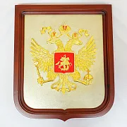 Плакетка «Герб России» из латуни и дерева в подарок — фотография 2